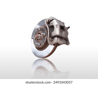 Car brake rotor and caliper with brake pad , Old car brake isolated on white background , Car parts concept