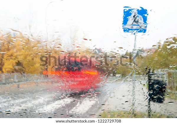 Car\
is braking at the pedestrian crossing on a rainy\
day.