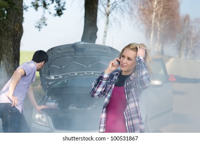 Car Breakdown Woman Call For Help Road Assistance Smoking Engine