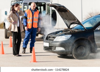 Car Breakdown Woman Get Help Road Assistance Man Smoking Engine