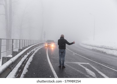 Car Broke Down On The Road In Winter A Man Asks For Help