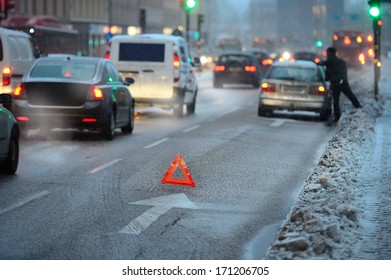 Car Broken Down, Out Of Fuel In The Snow Storm