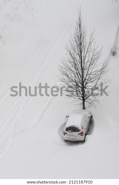 The car is\
bumped up against a tree, blocked in a large snowdrift after a\
heavy blizzard in a parking lot on the street. Traffic problem in\
winter. Winter traffic, Background. Top\
view.