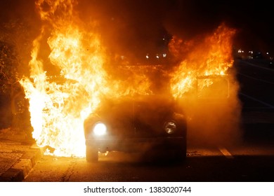 A car burn after an accident in a street of downtown Sao Paulo, Brazil. - Shutterstock ID 1383020744
