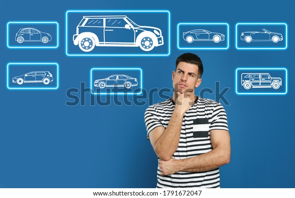 Car buying.\
Man choosing auto on blue\
background