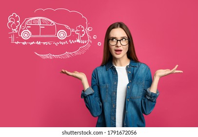 Car Buying. Woman Dreaming About Auto On Pink Background