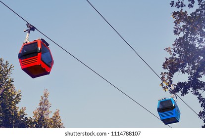 Сable Car Cabins.  The Santiago Cable Car Called Teleferico De Santiago Is A Way Of Transport Located At The Metropolitan Park Of San Cristóbal Hill, In Santiago, Chile.