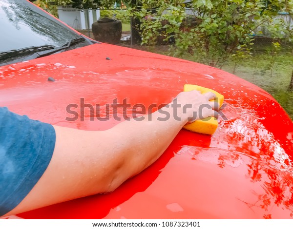 Car Care or Car Detailing business. \
Washing the car surface with yellow\
sponge.