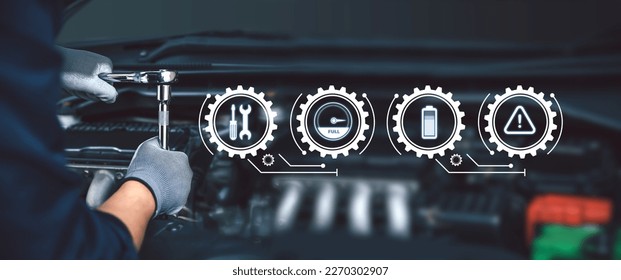 Car care maintenance and servicing, Close-up hand technician auto mechanic using the wrench to repairing change spare part car engine problem and car insurance service support. - Shutterstock ID 2270302907