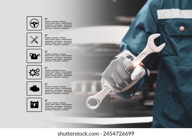 Car care maintenance servicing, Technician auto mechanic holding wrench with fix service icons for repairing change spare part engine problem and insurance support or range of car check. - Powered by Shutterstock