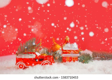 The Car Carries A Christmas Tree In The Snow. Christmas Card