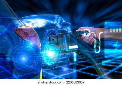 Car Charging At Electric Car Charging Station. Electric Vehicle Charger Station For Charge EV Battery. Hand Holding Fast Charge EV Charger. Clean And Sustainable Energy. Commercial EV Charging Point.