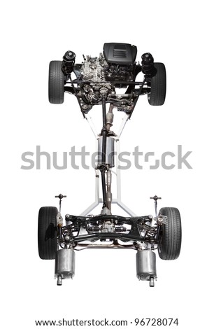 Car chassis with engine. Image of car chassis with engine isolated on white.