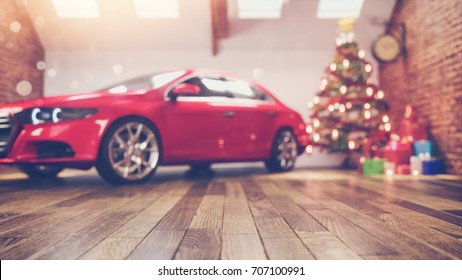 car in chrismas room and decorated. chrismas tree is in a white room. 3D renderring and illustration,