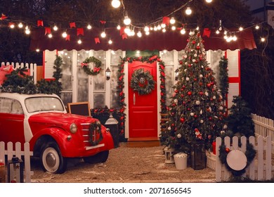 Car and Christmas tree near house at night - Powered by Shutterstock