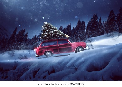 Car With A Christmas Tree On The Roof