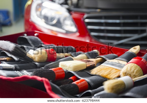 Car cleaning brushes\
and tools for car cleaning maintenance, set in a bag lying in front\
of modern red car
