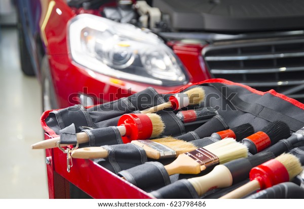 Car cleaning brushes
and tools for car cleaning maintenance, set in a bag lying in front
of modern red car