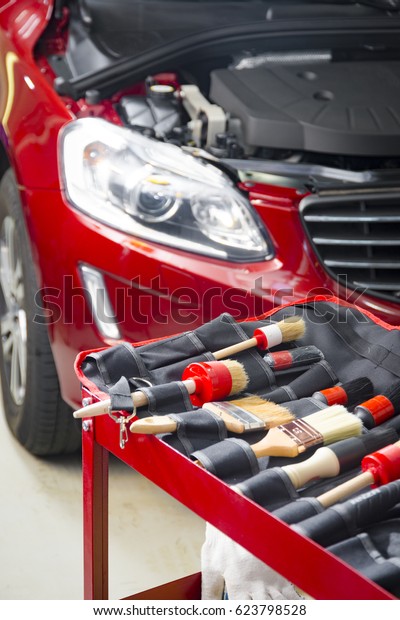 Car cleaning brushes\
and tools for car cleaning maintenance, set in a bag lying in front\
of modern red car