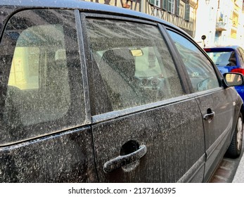 Car In Colmar, France Covered With Windblown Sahara Sand And Dust. Side View. 