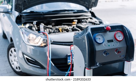 Car Conditioning Air Ac Repair Service. Check Automotive Vehicle Conditioning System And Refill Automobile Ac Compressor. Diagnostic Auto Car Conditioner Service