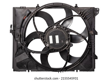 Car cooling fan with plastic blades radiator fan on white background. Car thermal clutch. Radiator fan cooling on white background. - Shutterstock ID 2155545931