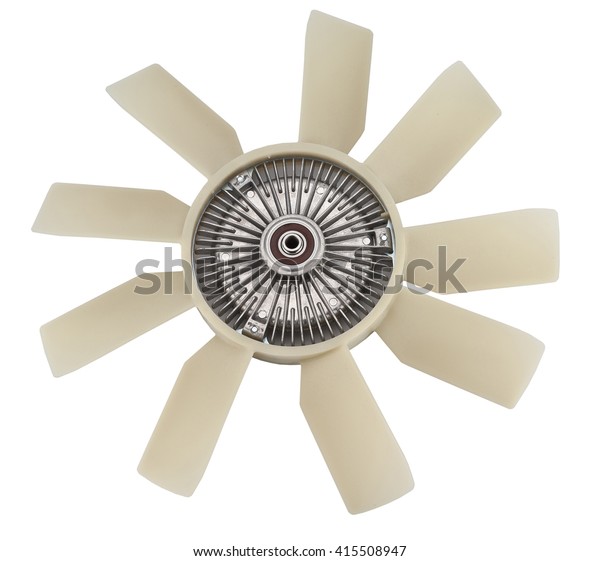 car cooling fan with plastic blades radiator\
fan on white background. Car thermal clutch. radiator fan cooling\
on white background