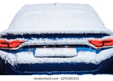 Car covered with snow, winter morning. snowy road. isolated, back view. High quality photo