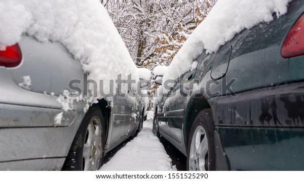 The car, covered with thick layer of snow.\
Negative consequence of heavy snowfalls. parked cars covered with\
snow during snowing in winter\
time