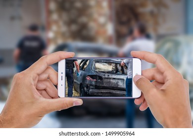 Car Crash Accident Damaged Hand Using Stock Photo (Edit Now) 1499905964