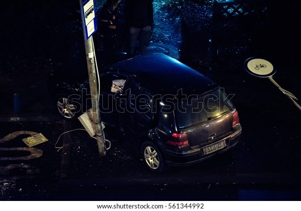 Car crash\
accident at night on city\
streets