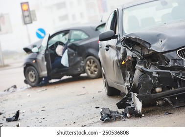 car crash accident on street, damaged automobiles after collision in city - Shutterstock ID 250536808