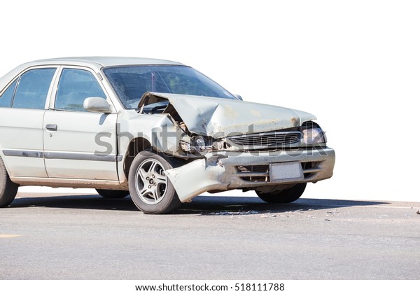 car crash accident on street, damaged\
automobiles after collision in city.Clipping path included,Isolate\
side of the car, the color of Braun White, which crashed with\
another car until it was\
demolish