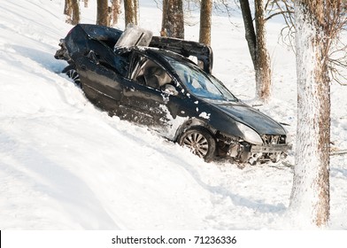 Car Crash Accident At Snow Road In Winter