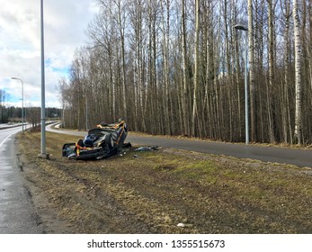 Car Crash Accident In Southern Finland In Spring. Distracted Drivers Are The Top Cause Of Car Accidents Today. Don't Talk On A Cell Phone, Send A Text Message Or Eat Food While Driving