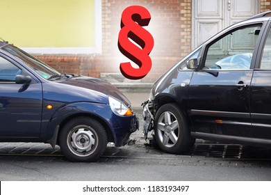 Car Crash Or Auto Accident With Paragraph Symbol, Traffic Law Or Automobile Third Party Insurance Concept