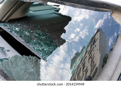 Car Crash, Broken Rear Window Of A Car.