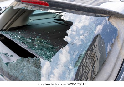 Car Crash, Broken Rear Window Of A Car.