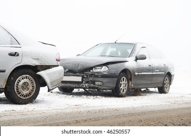 Car Crash Ca Accident At Snow Road In Winter