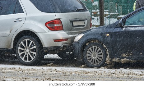 Car Crash Collision Accident On An City Road In Winter