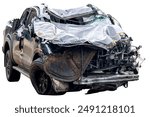 Car crash, Front and Side view of new black pickup car get damaged by accident on the road. damaged cars after collision. isolated on white background with clipping path, car crash bumper