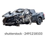 Car crash, Front and Side view of new black pickup car get damaged by accident on the road. damaged cars after collision. isolated on white background with clipping path, car crash bumper