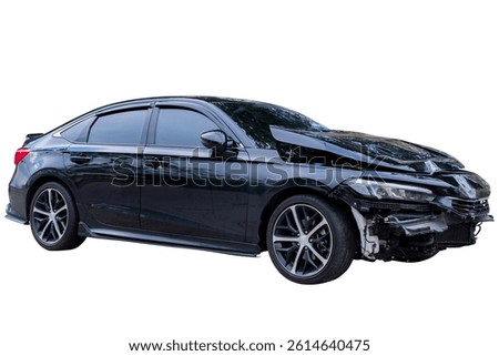 Car crash, Front and Side view of black sedan car get damaged by accident on the road. damaged cars after collision. isolated on white background with clipping path, car crash bumper graphic design