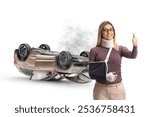 Car crash injury, woman with fracture gesturing thumbs up isolated on white background