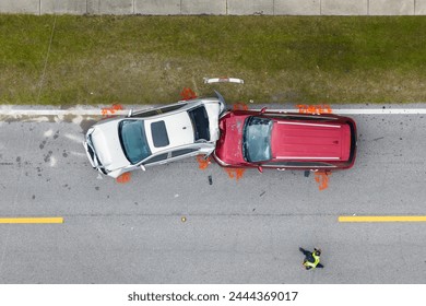 Car crash with two vehicles collided at traffic accident site on American street