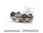 Car crash, upside down SUV with smoke and broken windows isolated on white background
