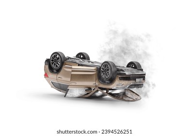 Car crash, upside down SUV with smoke and broken windows isolated on white background
