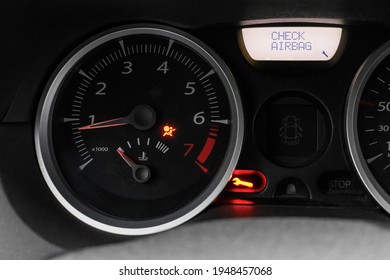 Car dashboard with airbag error warning, malfunction. Car service and repair. The dashboard is close.