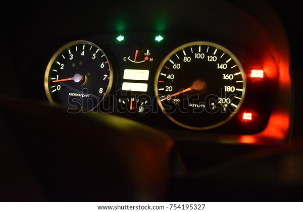 Car dashboard, with emergency stop, air bag and\
hand brake signals