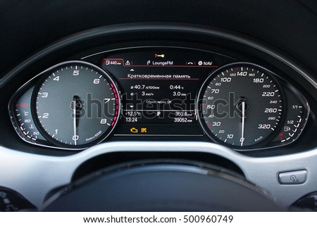 Car dashboard, illuminated panel, speed display